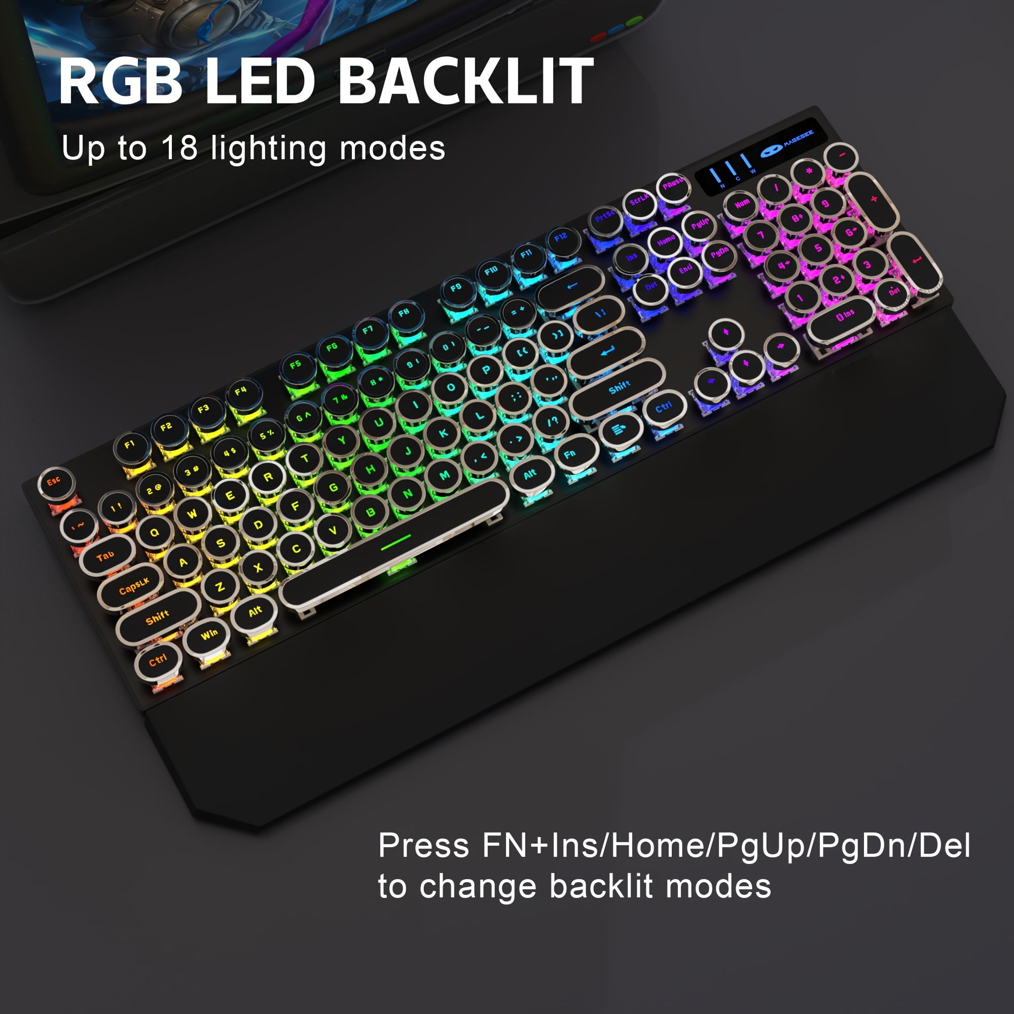 MageGee tri-mode BT5.0/2.4G/Type-C Typewriter Mechanical Gaming Keyboard Retro Punk Round Keycaps with RGB Rainbow Backlit Round key cap
