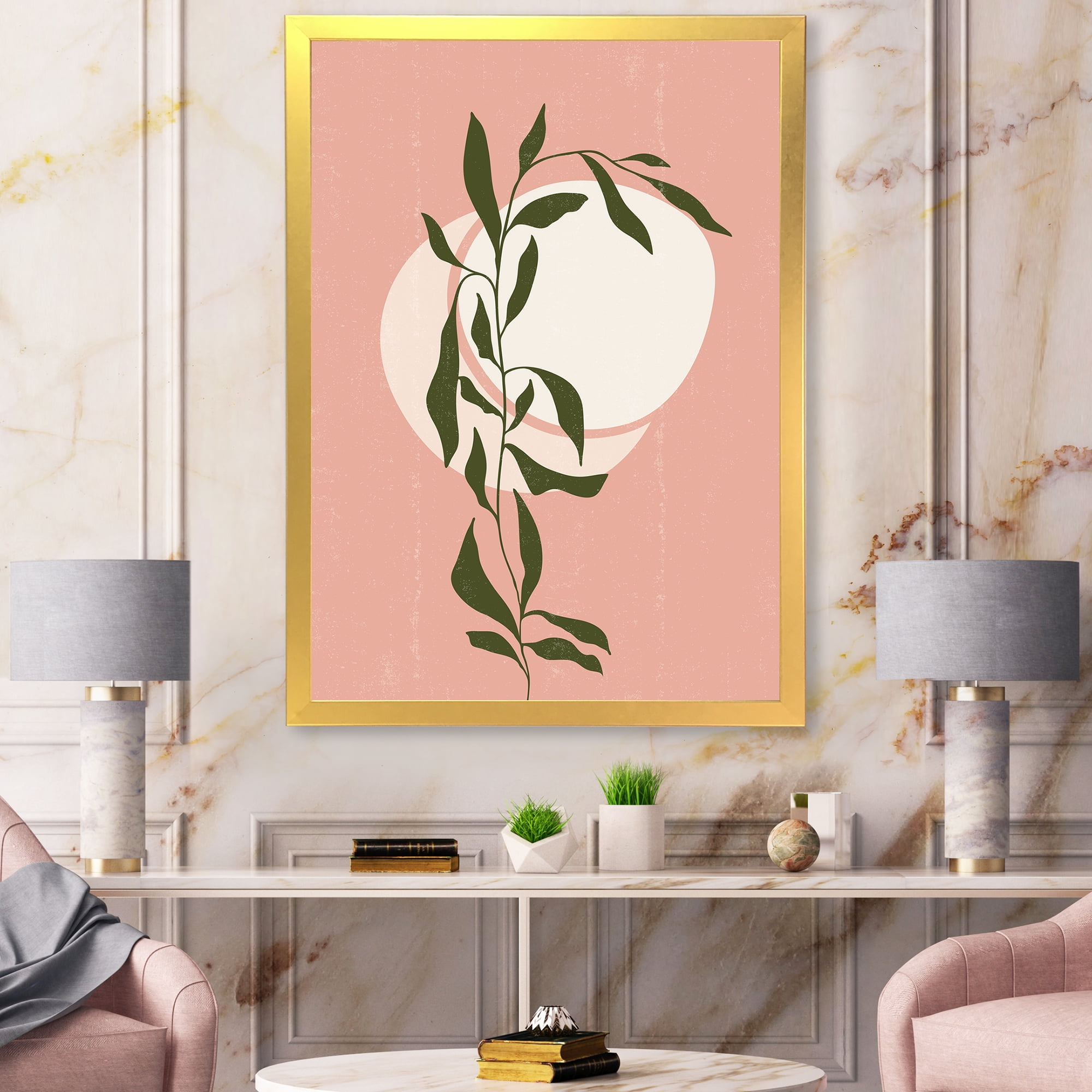Designart 'Abstract Geometrical Moon and Sun With Leaf VI' Modern Framed Art Print
