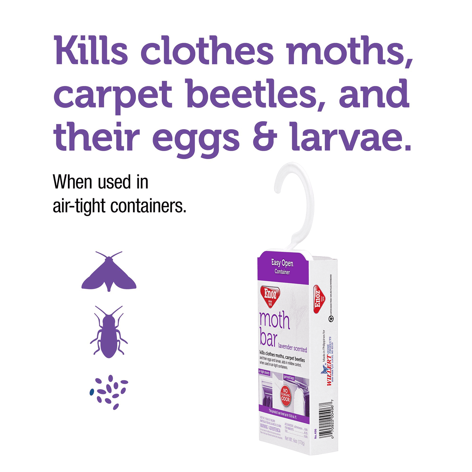 Enoz Lavender Moth Killer Bars, Clothes Moth & Carpet Beetle Killer, 6 oz Each, 8-Pack