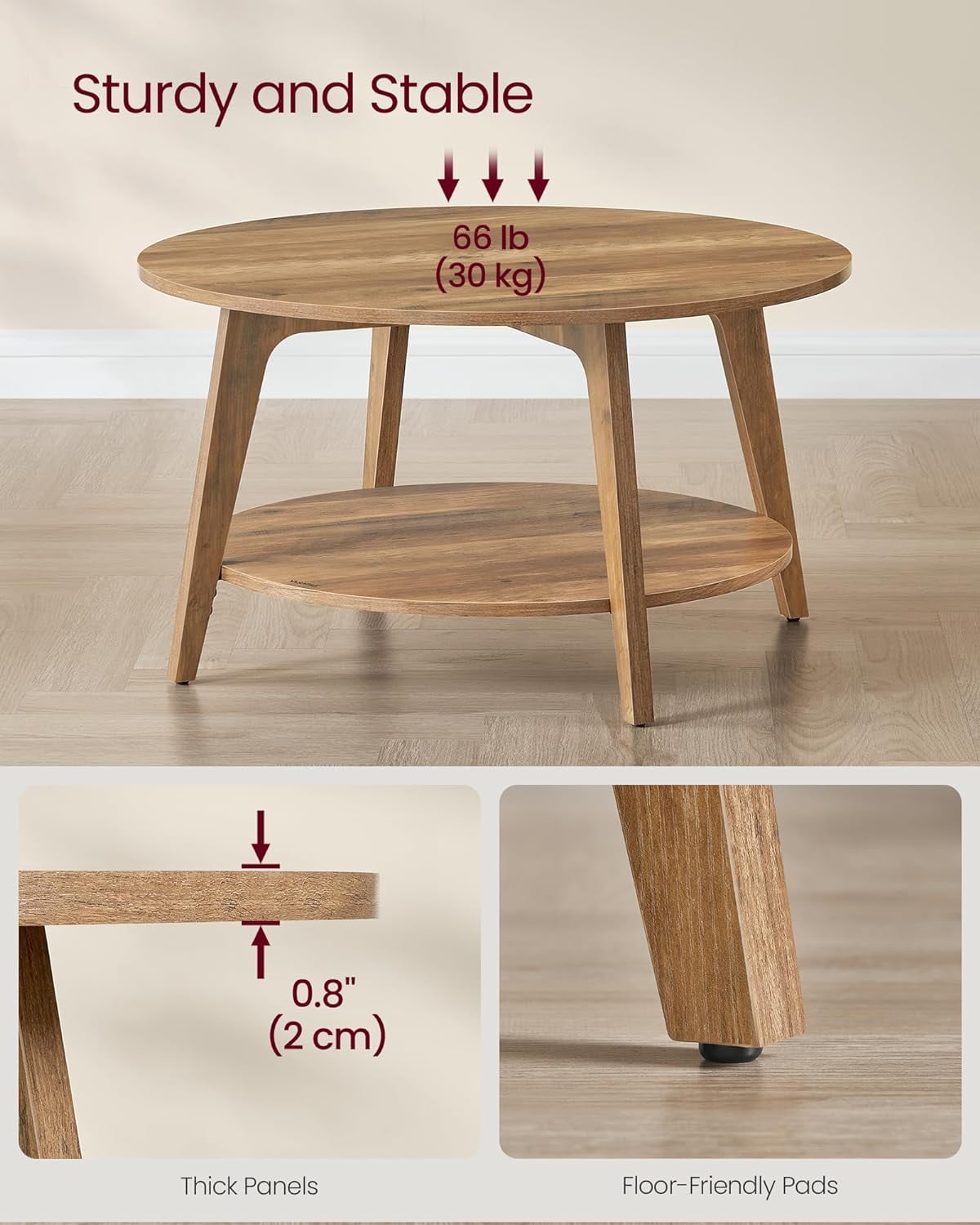 VASAGLE Round Coffee Table, 2 Tier Coffee Table with Storage, for Living Room, 31.5 x 17.7 Inches, Easy to Assemble, Honey Brown