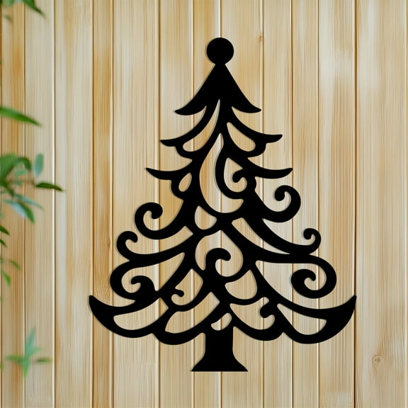 HELLOYOUNG Vintage Bohemian Metal Christmas Tree Wall Art - Ornate Black Metal Indoor/Outdoor Holiday Decor with Spiral Branches & Round Top, Durable Flat Tree
