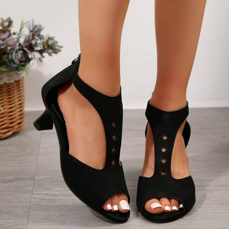 Reduced Price Plus Size Roman Sandals  Fish Mouth High Heel  Thick Heel Hollow Back  Zipper Design  Sexy Fashion  Women s Casual Shoes  Comfortable for Daily Wear  Plus Size Leggings|Pu Black