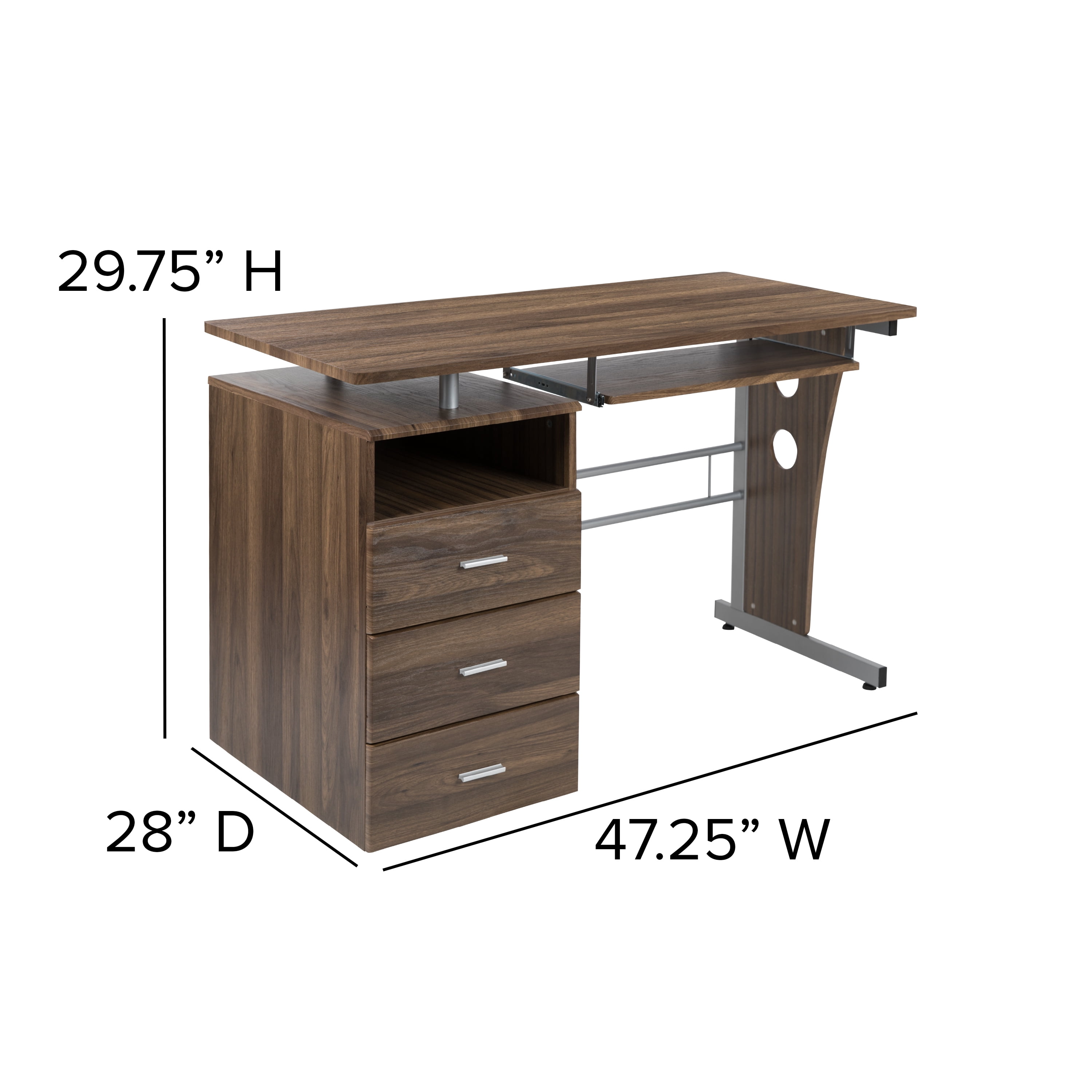 Emma + Oliver Rustic Walnut Desk with Three Drawer Single Pedestal and Pull-Out Keyboard Tray