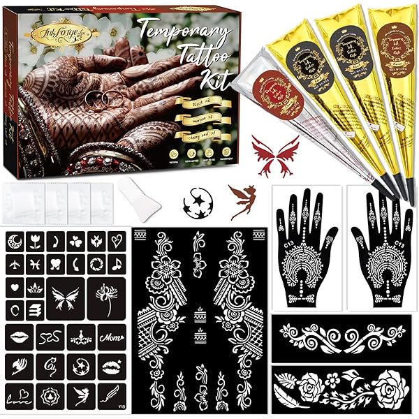 wonima02 Temporary Stencils Tattoos Kit, Tattoo Cones 4 Pcs 3 Color (2 Black 1 Maroon 1 Cherry Red) with Gloves Brush Tool,DIY Body Art Skin Painting Designs for Women Men Kids Party Gifts