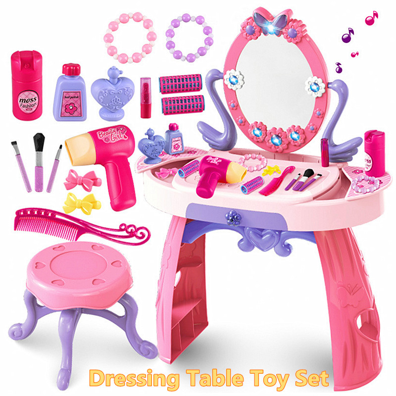 360° Dressing Makeup Table Set Kids Role Play Toys w/ Flashing Lights 