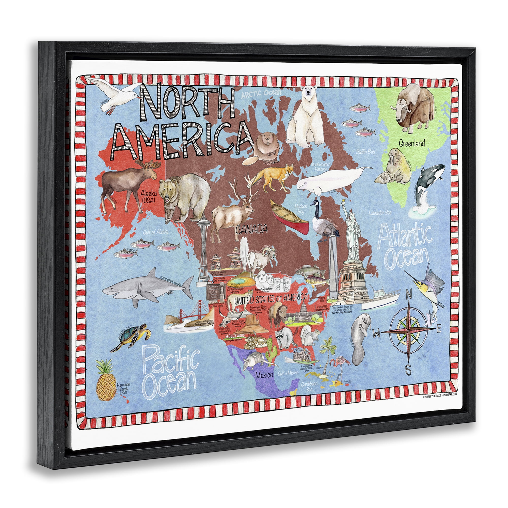 Stupell Industries North America Map Town & City Painting Black Floater Framed Art Print Wall Art, 31 x 25