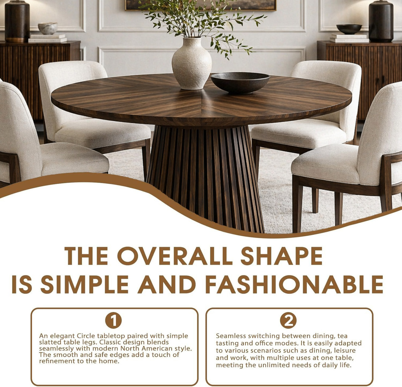 47.24'' Round Wooden Dining Table for 4, Accent Kitchen Dinner Table with Splicing Design Tabletop & Fluted Base