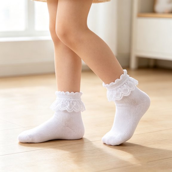 CHCNHAC Girls Lace Trim Ankle Socks, Cotton Ruffle Short Socks for Toddlers Kids, Soft White Casual School Dance Wear, Size M 4-6 Years