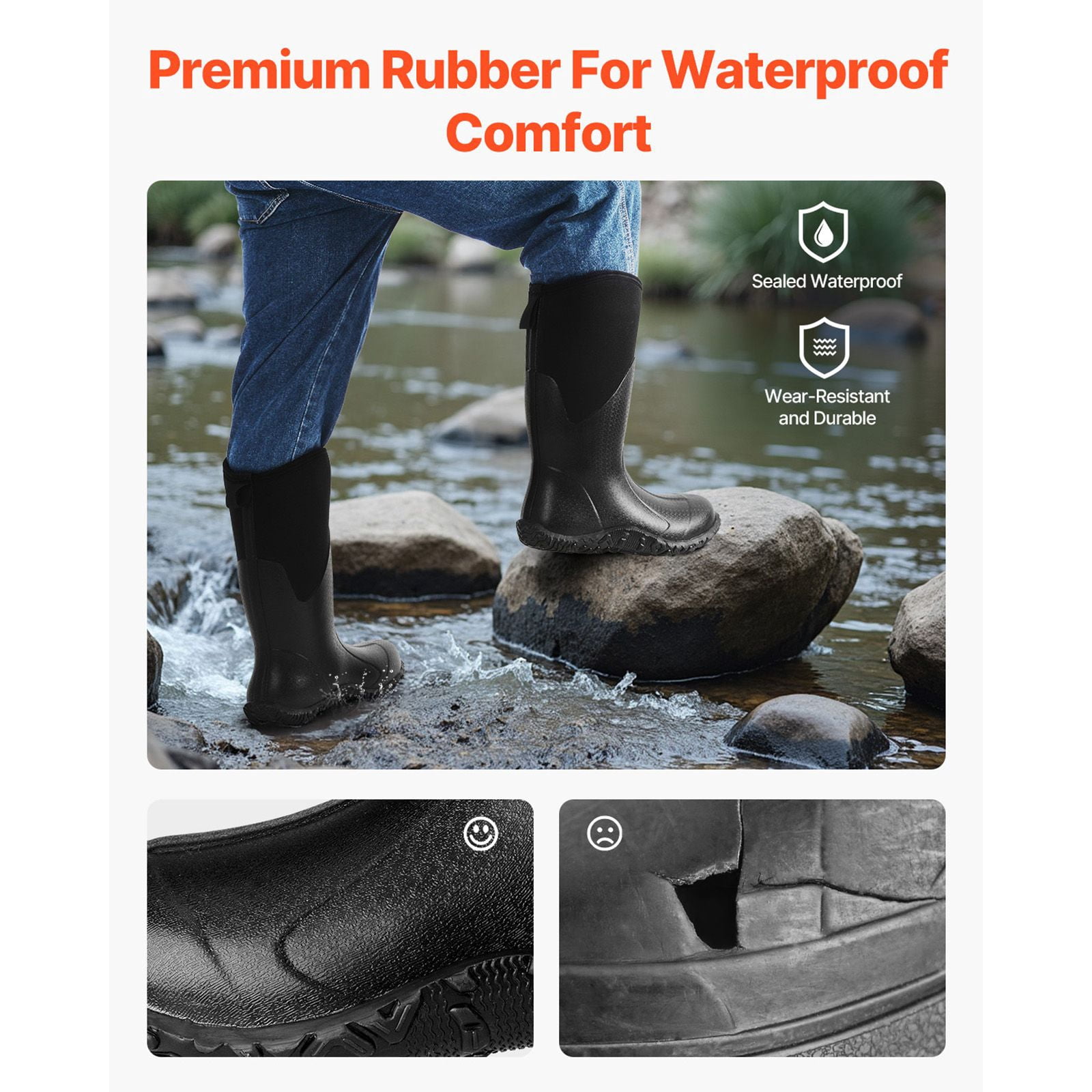 Men's Rubber Boots with 0.3" Thick Insulation, EVA Insole, Slip-Resistant Outsole, 125,000 Flex Test, Sizes 9-13 for Outdoor Rain Snow Work