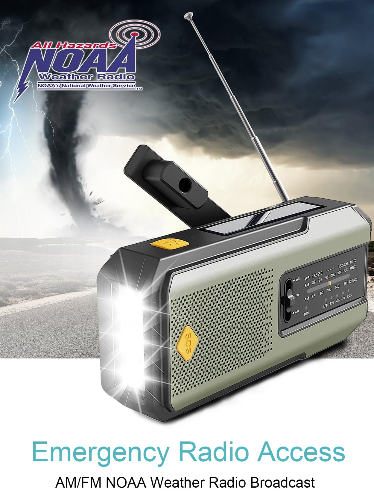 Daykit Portable Emergency Weather Radio, Hand Crank Radio Solar Powered with Battery Backup,AM/FM/NOAA, SOS Alarm,2000mAh Power Bank,LED Flashlight,USB Type-C for Outdoor Emergency