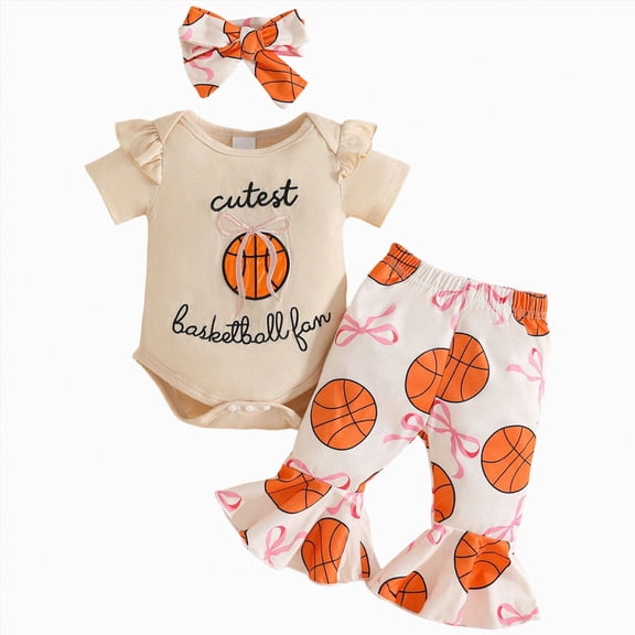 Sopiago Newborn Baby Girl Basketball Outfit Cute Basketball Bow Ruffle Short Sleeve Romper Flare Pants Set 3Pcs Infant Summer Clothes Beige,12-18 Months