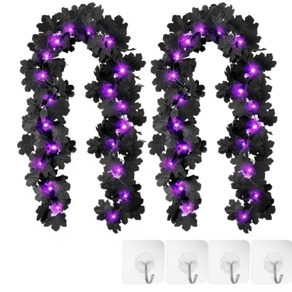 Trianu 2 Pcs Halloween Fall Maple Leaf Garland, 6.56ft Black Maple Leaves Garland with Lights for Halloween Mantle Fireplace Tree Decoration