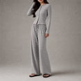 thumbnail image 3 of Women's Fall Striped Knit 2 Piece Outfit Long Sleeve Button Down Cardigan Top & Wide Leg Pants Set with Drawstring Waist Casual Loungewear for Daily Wear, Work 2XL, 3 of 6