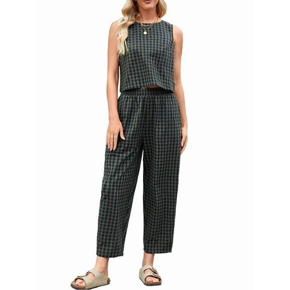 Womens Checker Set 2 Piece Beach Vacation Outfit Summer Tank Top Pants Suit  Green M