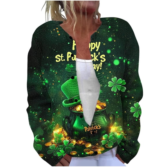 Njagoc3 Womens Casual St. Patrick'S Day Printed Knit Cardigan Button Down Jacket Tops