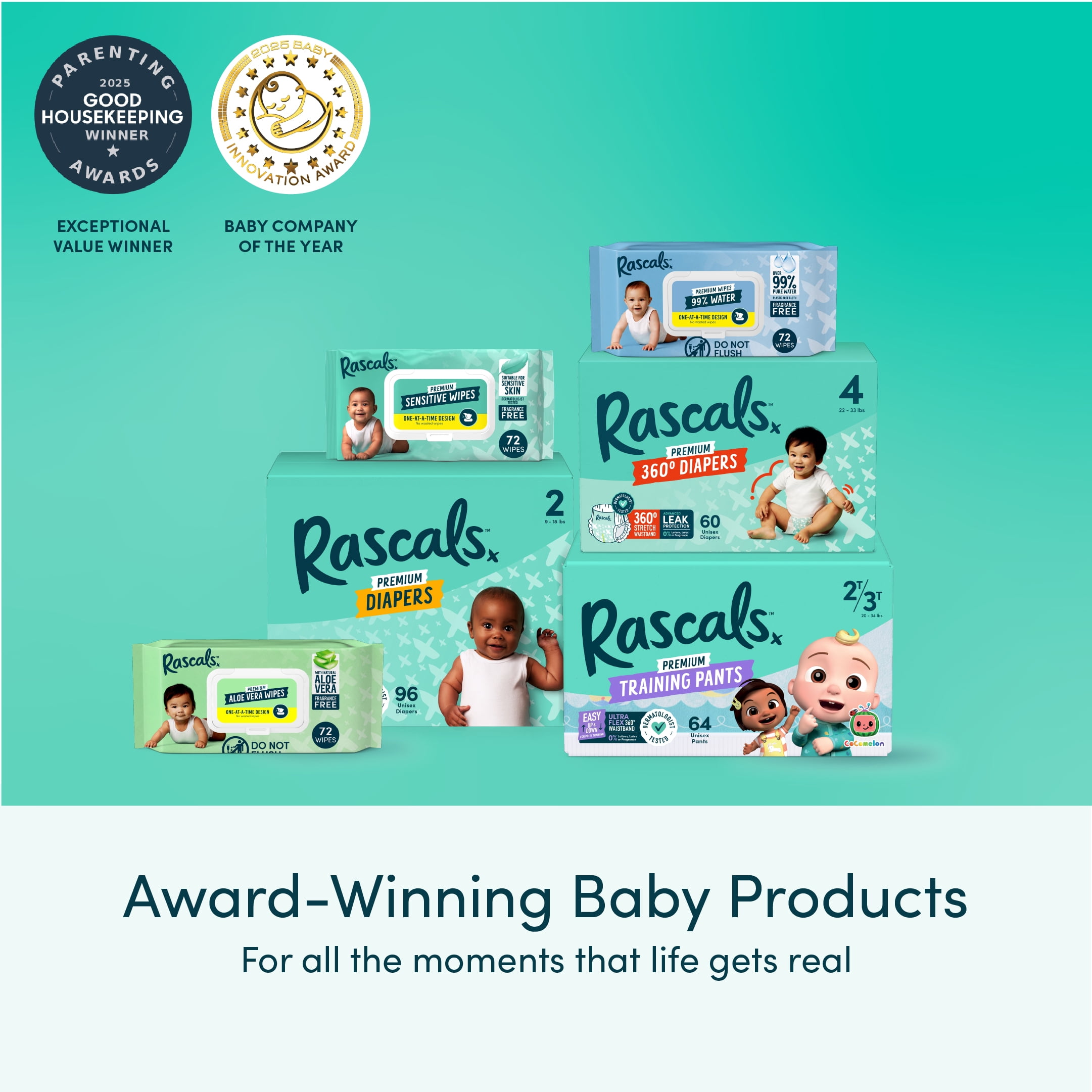 Rascals Premium Sensitive Alcohol Free Baby Wipes, 72 Count