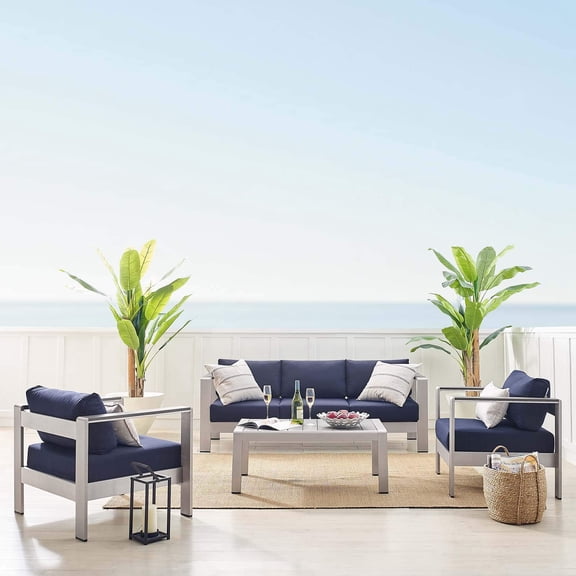Pemberly Row 4-Piece Aluminum & Fabric Outdoor Patio Set in Silver/Navy