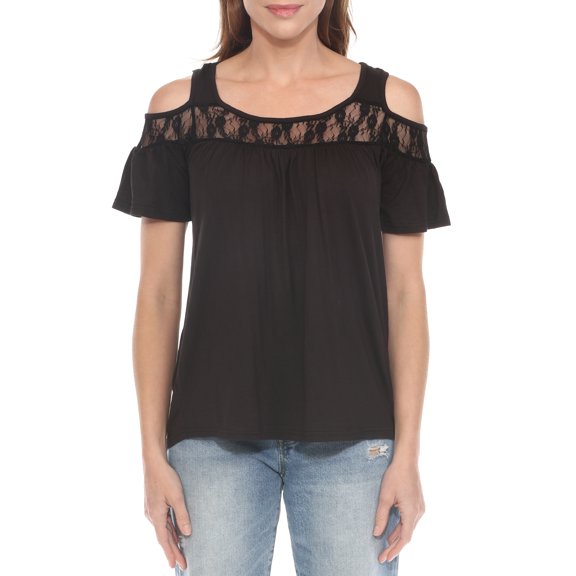 White Mark Casual Cold Shoulder Lace Trim Knit Blouse, Women's