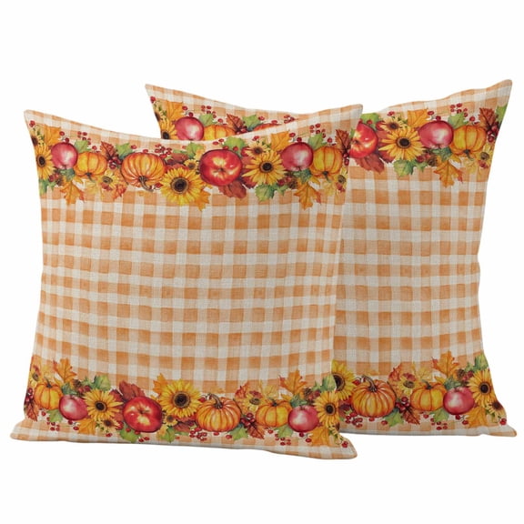 Pumpkins Fall Outdoor Waterproof Pillow Covers, Thanksgiving Sunflowers Fruit Vintage Checkered Decorative Square Throw Pillowcase Sofa Cushion Sham for Patio/Couch/Chair, 16"x16" 2 Pack