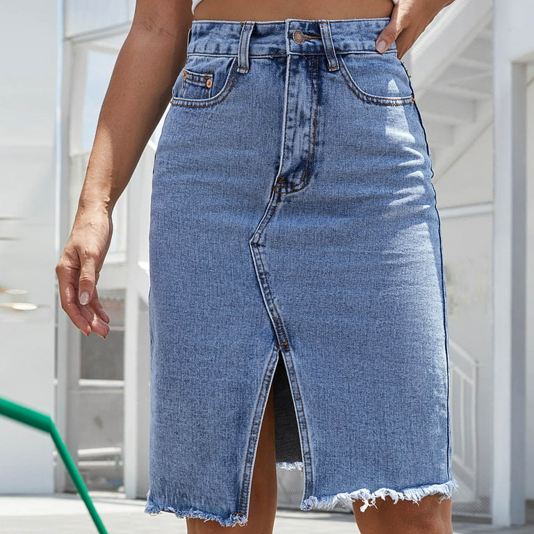 JNGSA Denim Skirts for Women Knee Length,High Waist Split Wrap Jeans  Skirts, Midi Length Denim Skirts Summer Retro Button Jean Skirts Blue