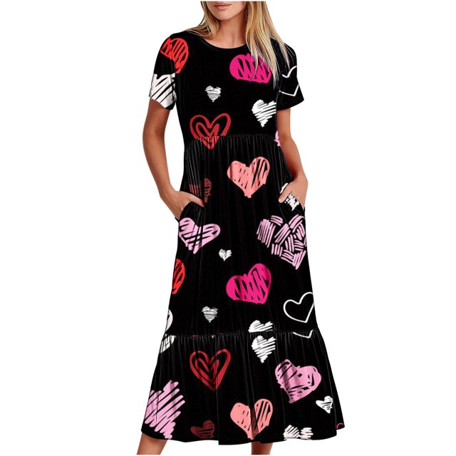 Jusqu'à 65 % de Réduction! Robes d'Été Mode pour Femmes 2024 Grande Taille Décontractée Manches Courtes Col Rond Robe Fluide à Étages Robe de Plage avec Poches Robe Imprimée de la Saint-Valentin
