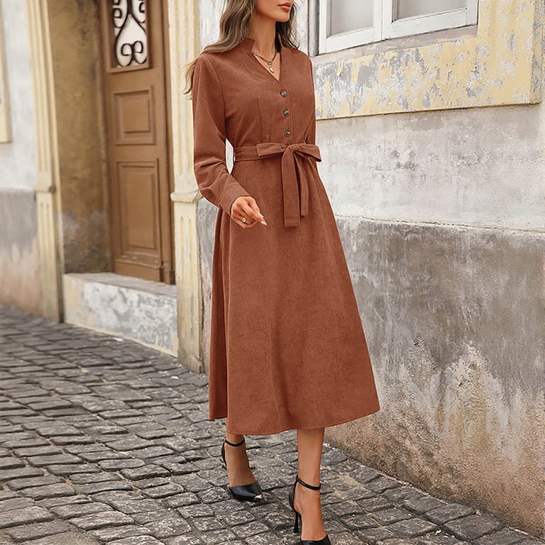 business casual long dress Enjoytime Dresses for Women Solid Color V-Neck Sleeve Lace Up Midi Button Down Loose Dress Coffee S casual wear dress XXXL Six sizes to Boden Women's Nicola Cotton Pinterest Size:US - 11