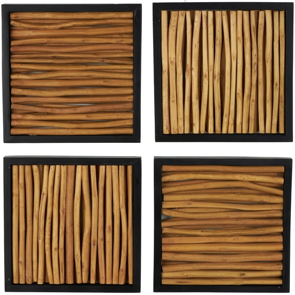 DecMode Brown Teak Wood Handmade Abstract Wall Decor with Horizontal Sticks and Black Frames (4 Count)