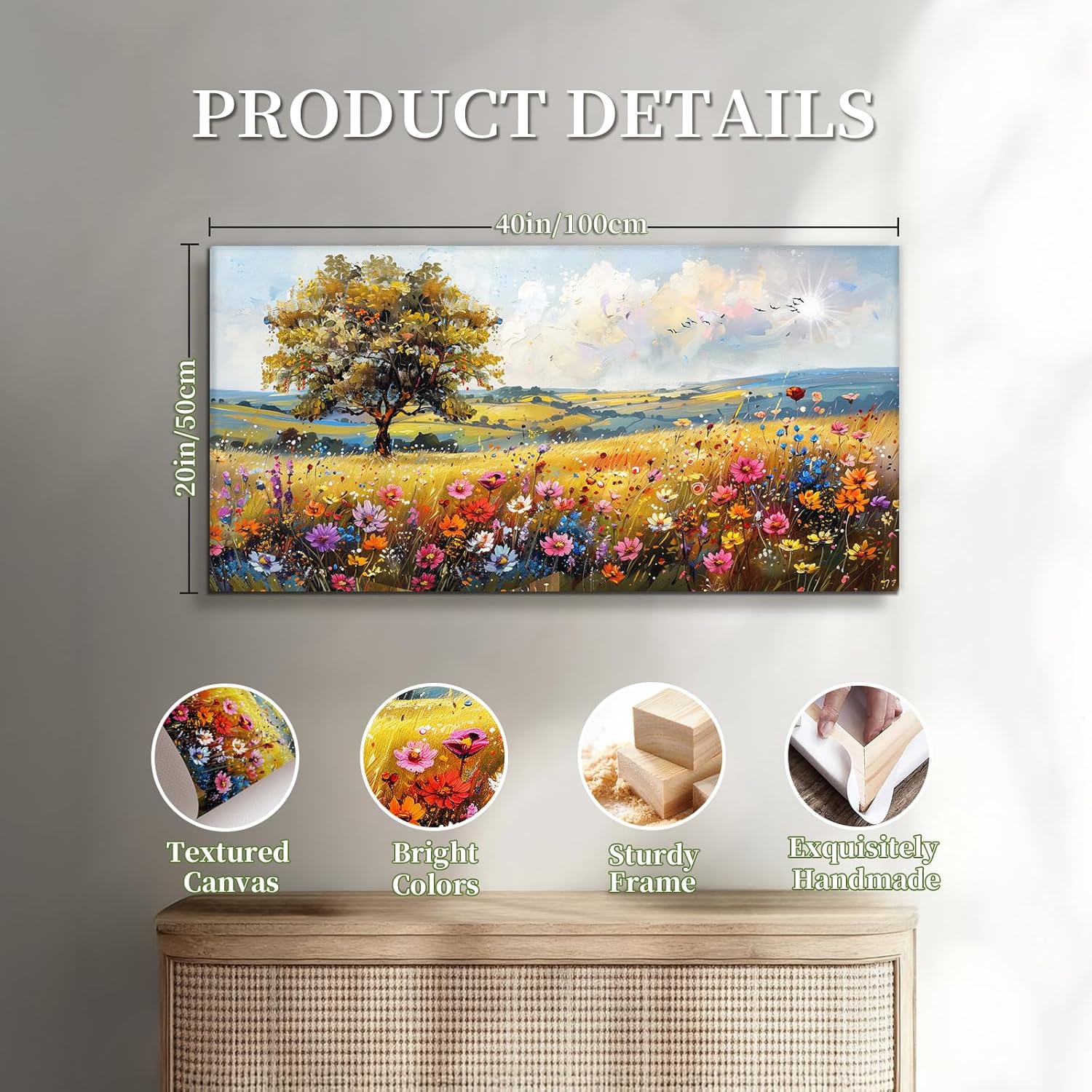 Tree Landscape Wall Art Print Country Wildflower Large Artwork Spring Colorful Scenery Painting for Living Room Bedroom Modern Rustic Farmhouse Decor - 20"x40"