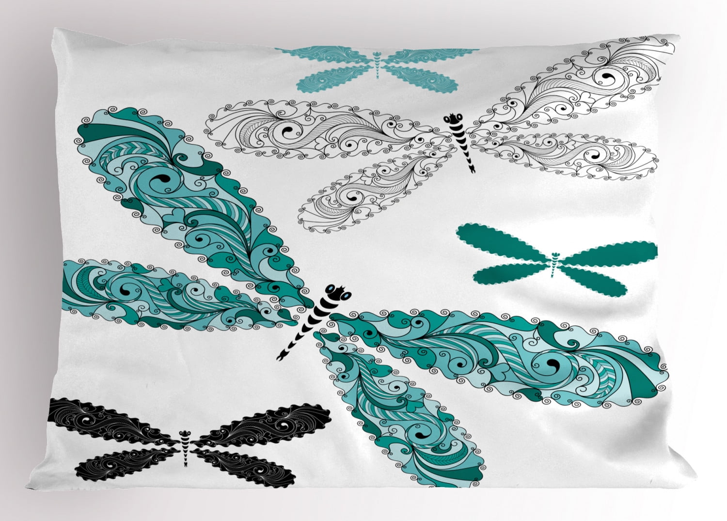 Dragonfly Pillow Sham Ornamental Dragonfly Figures with Lace and Damask Effects Artsy Image, Decorative Standard Size Printed Pillowcase, 26 X 20 Inches, Teal Turquoise Black, by Ambesonne