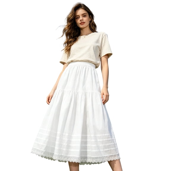 Jane Wardrobe Tiered Lace Hem Cotton Blend A Line Midi Skirt Women High Waist Flowy White Tea Length Casual Umbrella Skirt 1PC S-XL