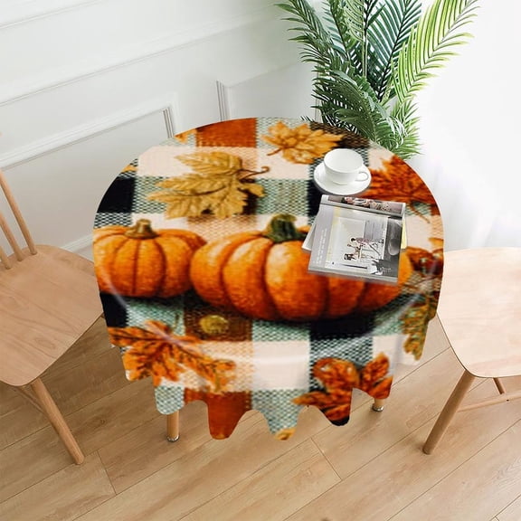 RKSupls 60 Inch Round Tablecloth, Pumpkin Plaid Autumn Premium Polyester Straight Edge Wrinkle Resistant Washable Table Cover for Party Home Dining Decor