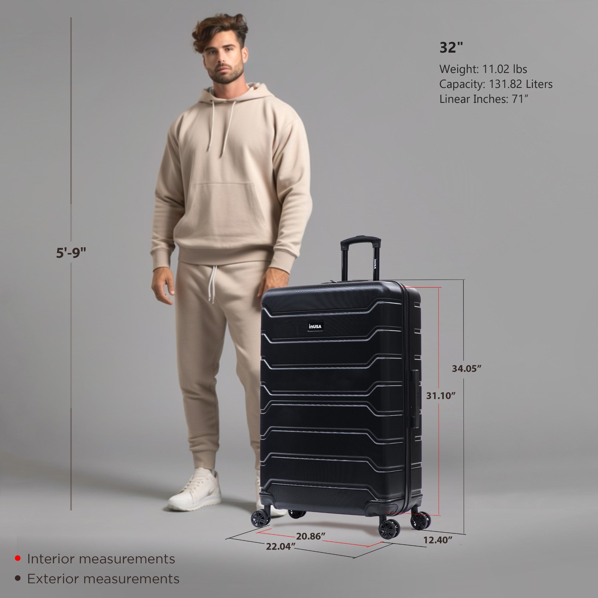 InUSA TREND 32" Extra-Large Hardside Lightweight Luggage with Spinner Wheels, Handle, Trolley, Black