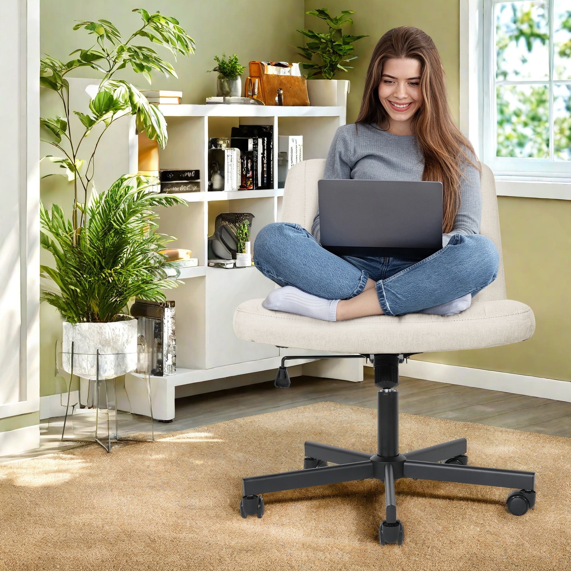 LOGYAT Armless Office Desk Chair, Criss Cross Legged Chair with Wheels, Adjustable Height, Wide Seat, Adult Vanity Chair, Beige