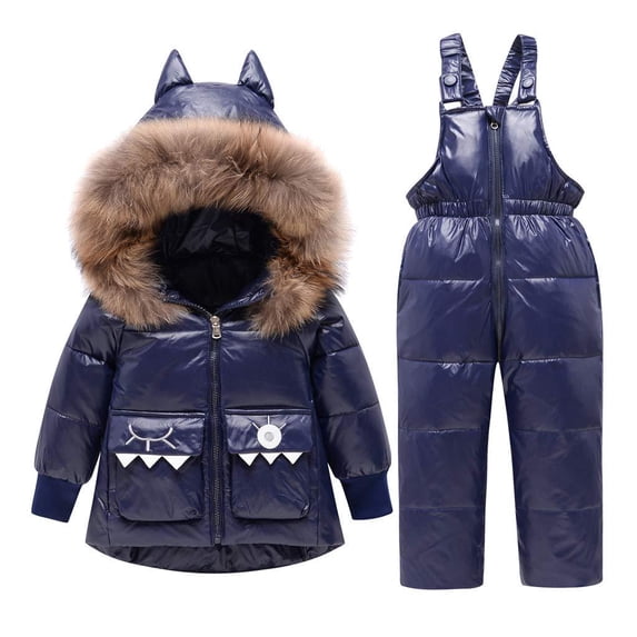 JiAmy Baby Snowsuit Set 2PCS Puffer Down Jacket and Snow Ski Bib Pants Kids Toddler Hooded Down Jacket Outfit Cartoon Fur Trim Ski Suit