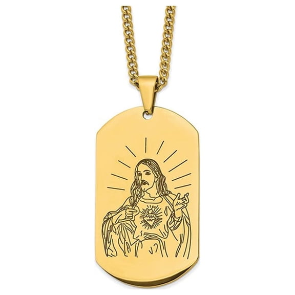 Mens Dog Tag Jesus Pendant Necklace in Yellow Plated Stainless Steel with Chain for Men