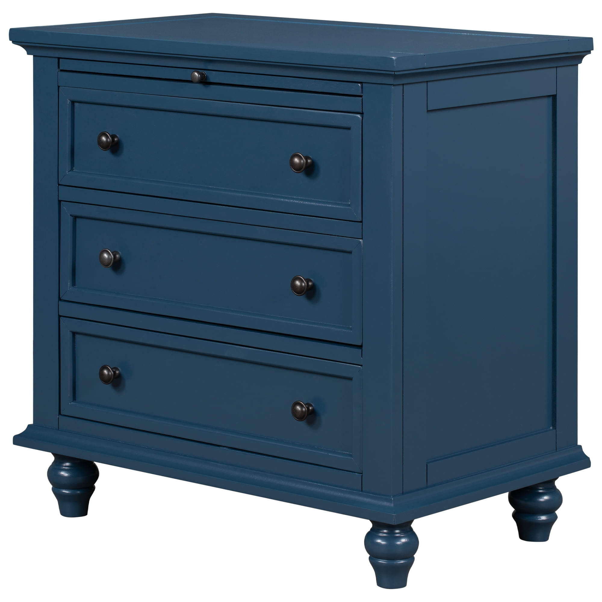 27.6" Nightstand With Pine Wood Veneer, Fashion Bedside Cabinet With 3 Drawers And Pull-Out Tray, Minimalist Sofa Side Table With Rubber Legs And Metal Handle For Bedroom Sofa Couch Office