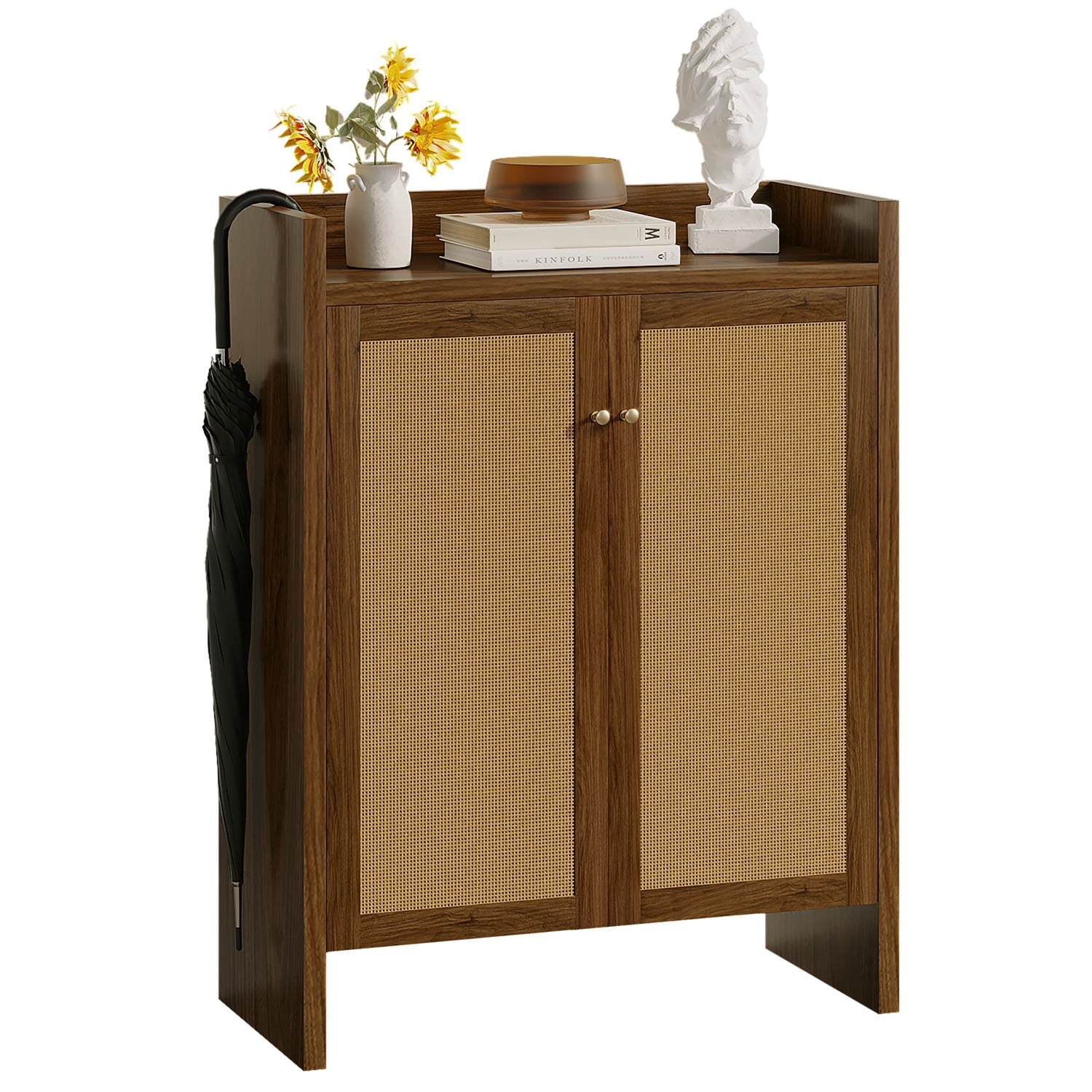 42.5" Tall Rattan Shoe Cabinet with Doors, 6-Tier Wooden Freestanding Shoe Storage Organizer with Adjustable Shelves, Mid-Century Entryway Shoe Cabinet for Hallway & Living Room