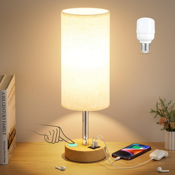 Lámpara de Mesa Dicoool Touch 14" de Madera con Carga USB