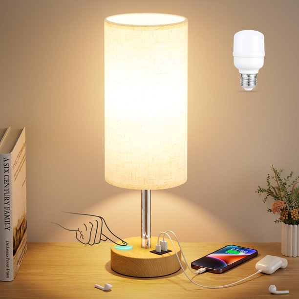 Lámpara de Mesa Dicoool Touch 14" de Madera con Carga USB