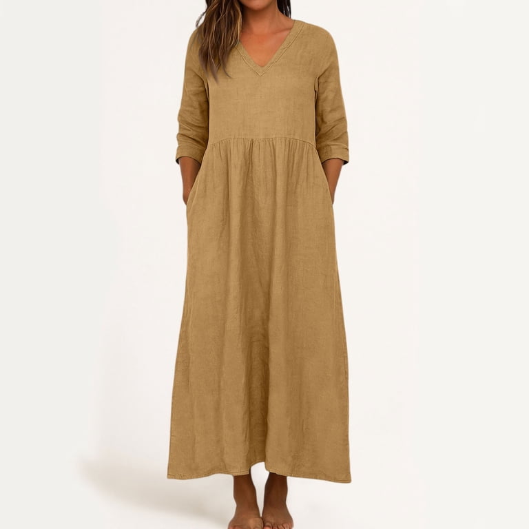 Yddian Loose Fitting Dress Womens Dresses Lightweight V-Neck Plus Size Maxi Dress 3/4 Sleeve Summer Modest Travel Midi Dresses with Pockets Light Yddian Loose Fitting Dress Womens Dresses Lightweight V-Neck Plus Size Maxi Dress 3/4 Sleeve Summer Modest Travel Midi Dresses with Pockets Light