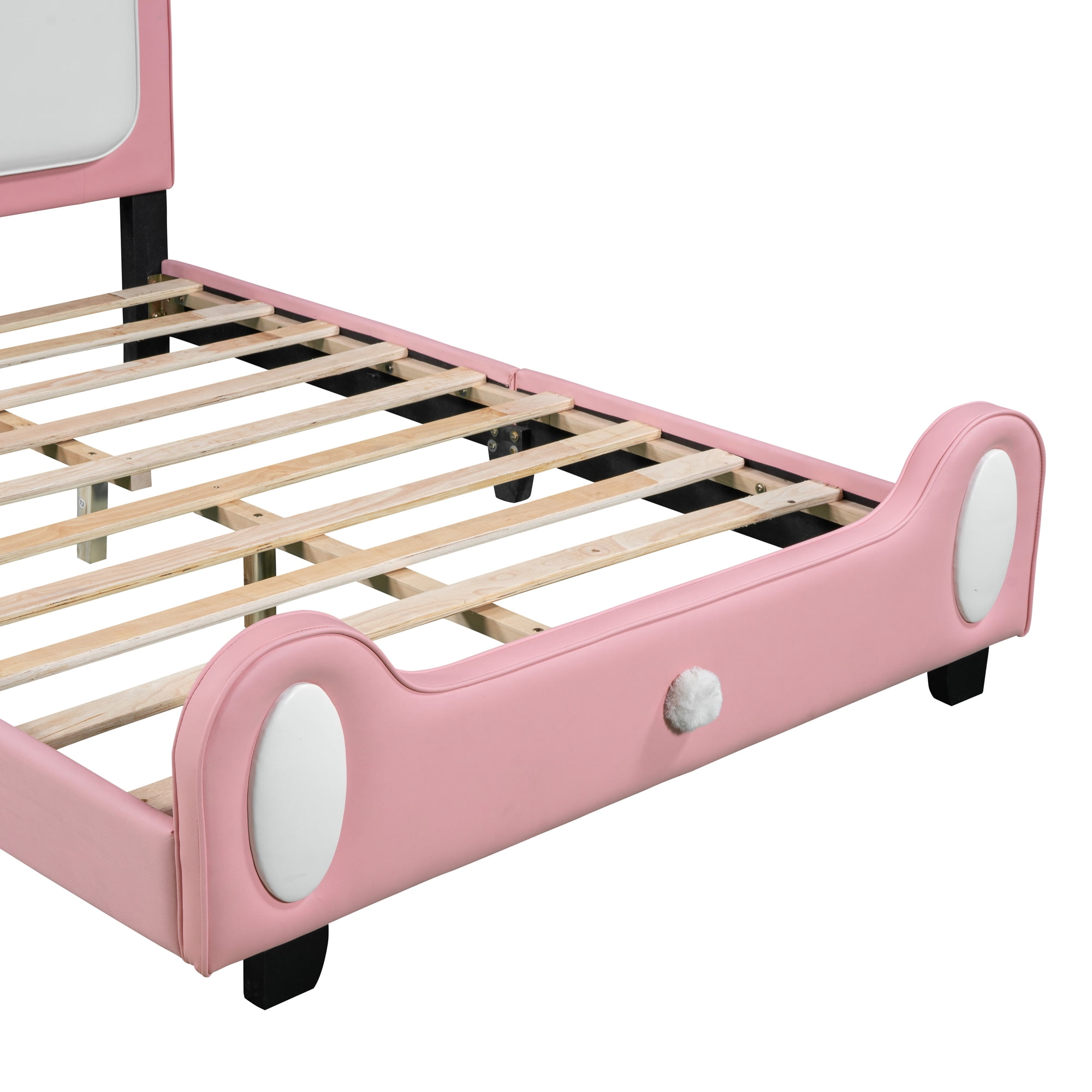 Aukfa Upholstered Platform Bed with Rabbit-Shape Headboard and Footboard, Full Size Princess Bed for Kids - White