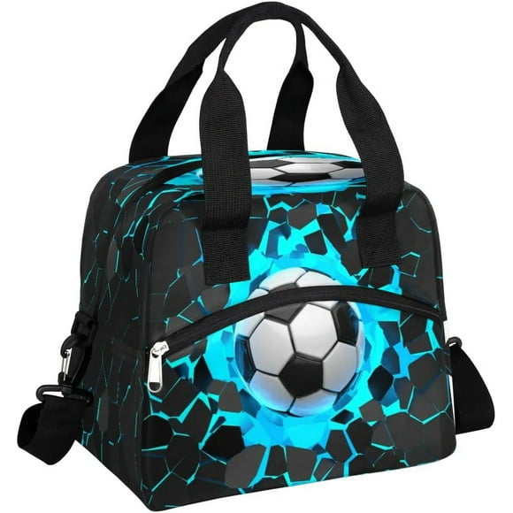 Bolsa de almuerzo con balón de fútbol 3D para niños, lonchera con aislamiento de fútbol, bolsa de comida a prueba de fugas con aislamiento reutilizable, lonchera con correa de hombro extraíble