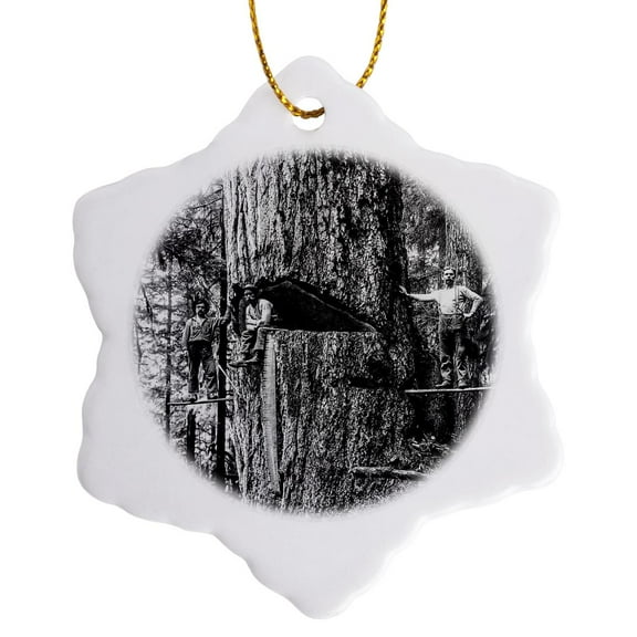 3dRose, Vintage Lumberjacks Oregon Giant Douglas Fir Tree Logger Magic Lantern, 3 inch Snowflake Porcelain Ornament