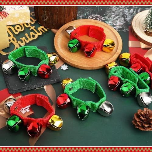 Christmas Wrist Bells Bracelets, 24Pcs Wrist Band Jingle Bells with Red Green Gold Silver Bells, Musical Instruments Adjustable Hand Ankle Bells for Christmas Gifts Kids Party Favor Toys