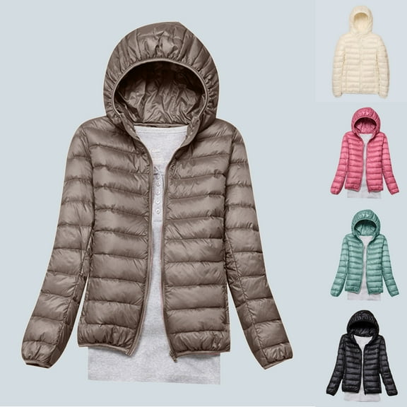 AGWOLF Packable Puffer Jackets for Women Lightweight Hooded Coats Casual Zip Up Long Sleeve Jacket Fall Winter Travel Outwear