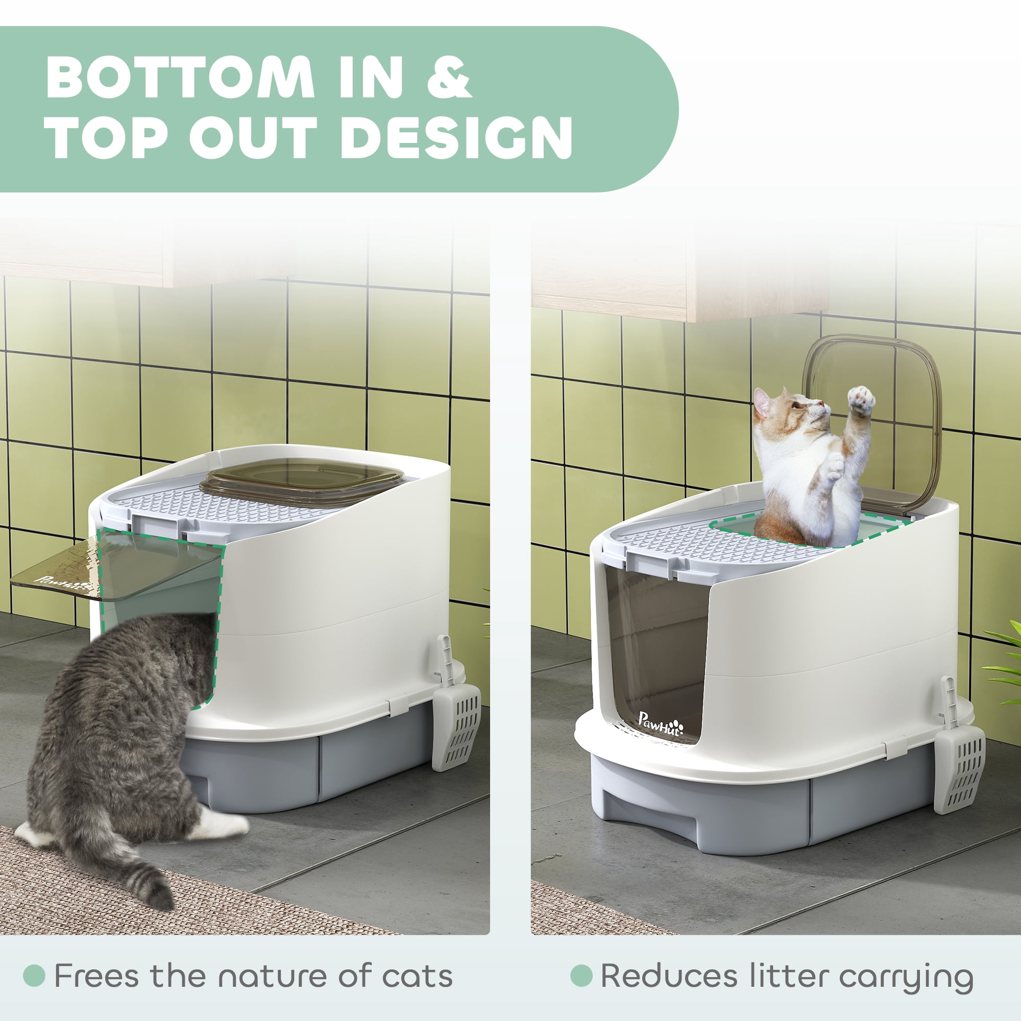 PawHut Cat Litter Box with Lid, Covered Kitty Litter Box Enclosed with Drawer, Scoop, Top Entry, Deodorizing Bags, Easy to Clean, Gray
