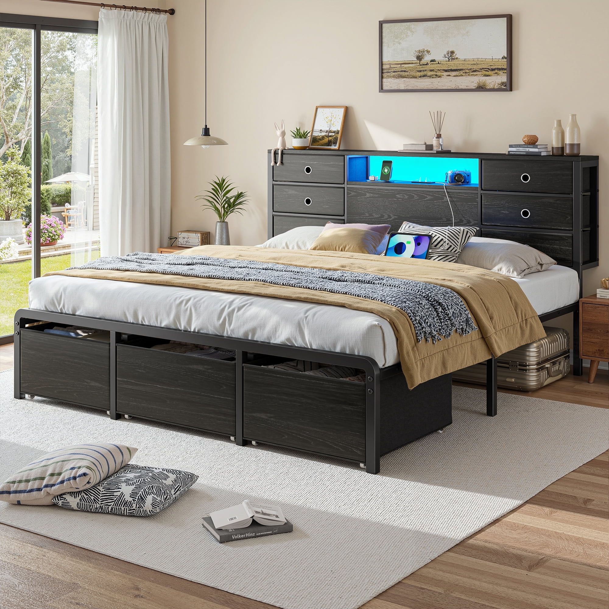 EnHomee Metal Bed Frame with 9 Storage Drawers Metal Bed Frame King with Headboard & LED Light & Charge Station,Black