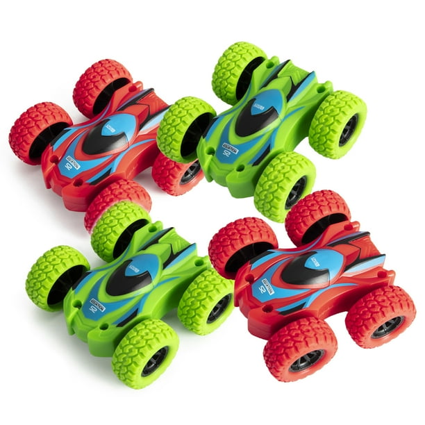 Set of 4 Friction Powered Car Toys, Doublesided Stunt Flip Inertia Car