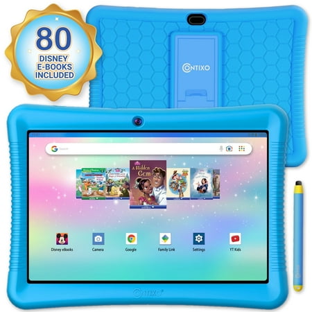 Contixo 10" Kids Tablet with 80+ Disney eBooks & Videos ($350 Value), Parental Controls, Stylus, Kid-Proof Case with Kickstand, 32GB Android Tablet for Ages 3–12, Blue