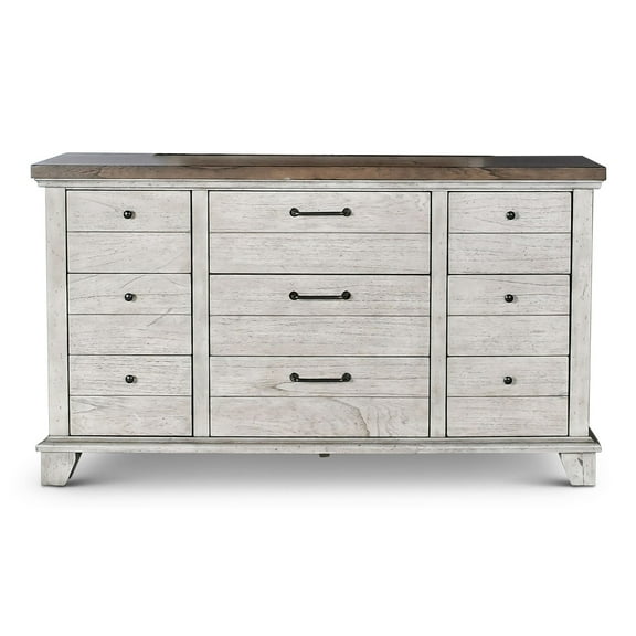 Steve Silver Bear Creek Rustic Horizontal Dresser with 9 Drawers, Whitewashed Gray